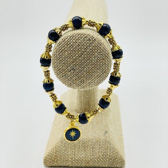 Navy Bead Station Bracelet Bright Gold Tone North Star and Cross Charms Holiday - Picture 5 of 6
